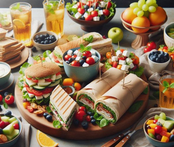 grazing table with Sandwich, wrap, Greek salad platter and fruit skewers